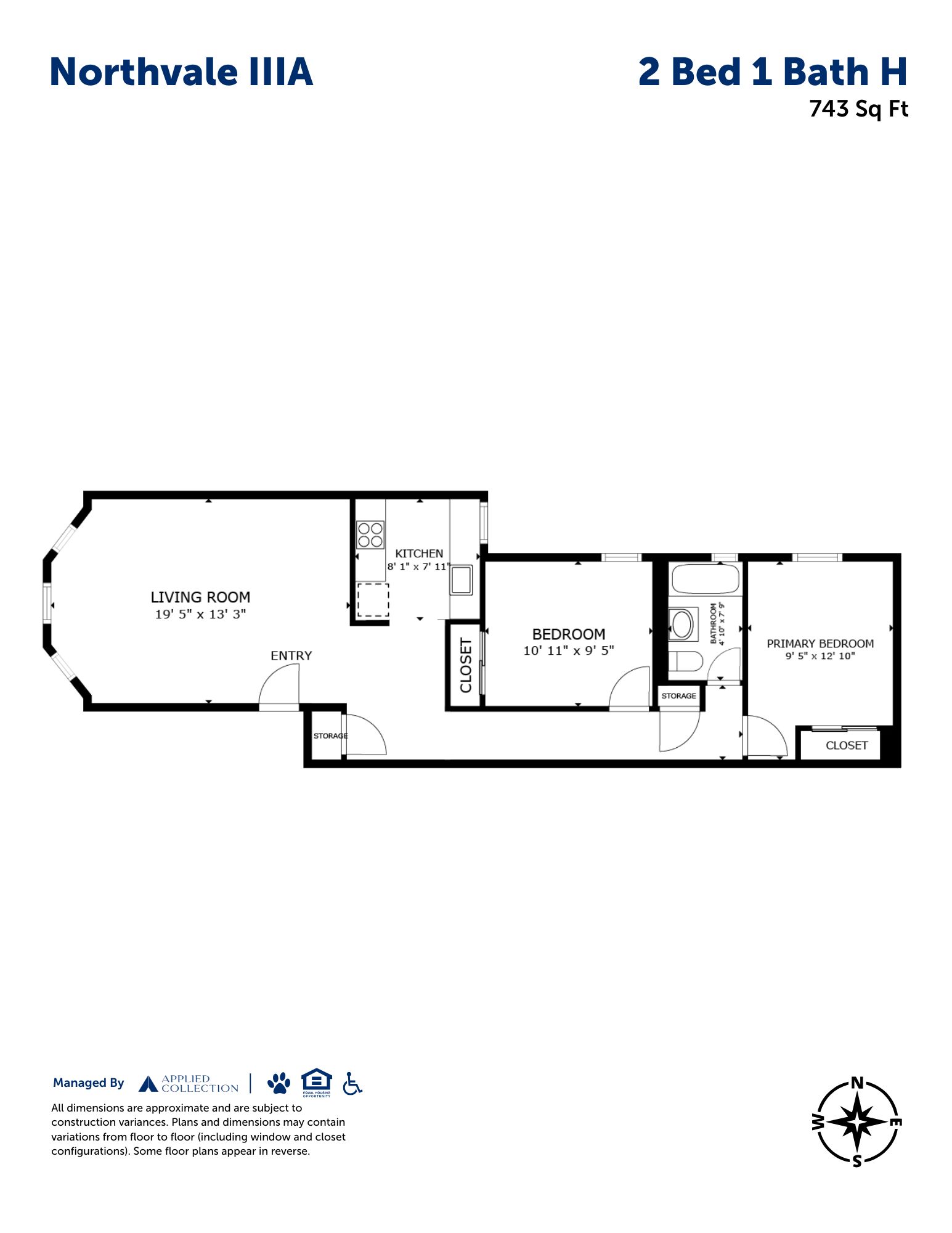 Floor plan for 2 beds, 1 bath, 730 sqft